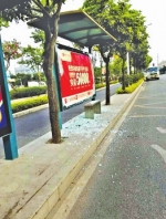 华威物流公交站，一块广告玻璃牌整面碎裂 - 新浪