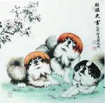 郑国松作品，三只小狗望着花朵，憨态可掬。 - 新浪