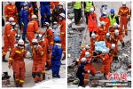 左图为3月8日上午，12岁男孩被救援人员抬出事故现场的画面。右图为3月8日下午，男孩妈妈被救援人员抬出事故现场的画面。中新社记者 张斌 摄 - 福建新闻